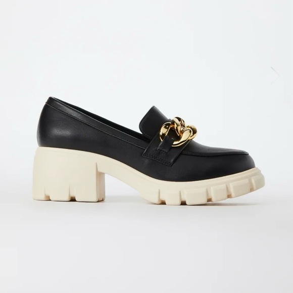 🆕 Lug Sole Platform Loafer in Black Caviar & Cream with Gold Chain Hardware - Picture 3 of 5